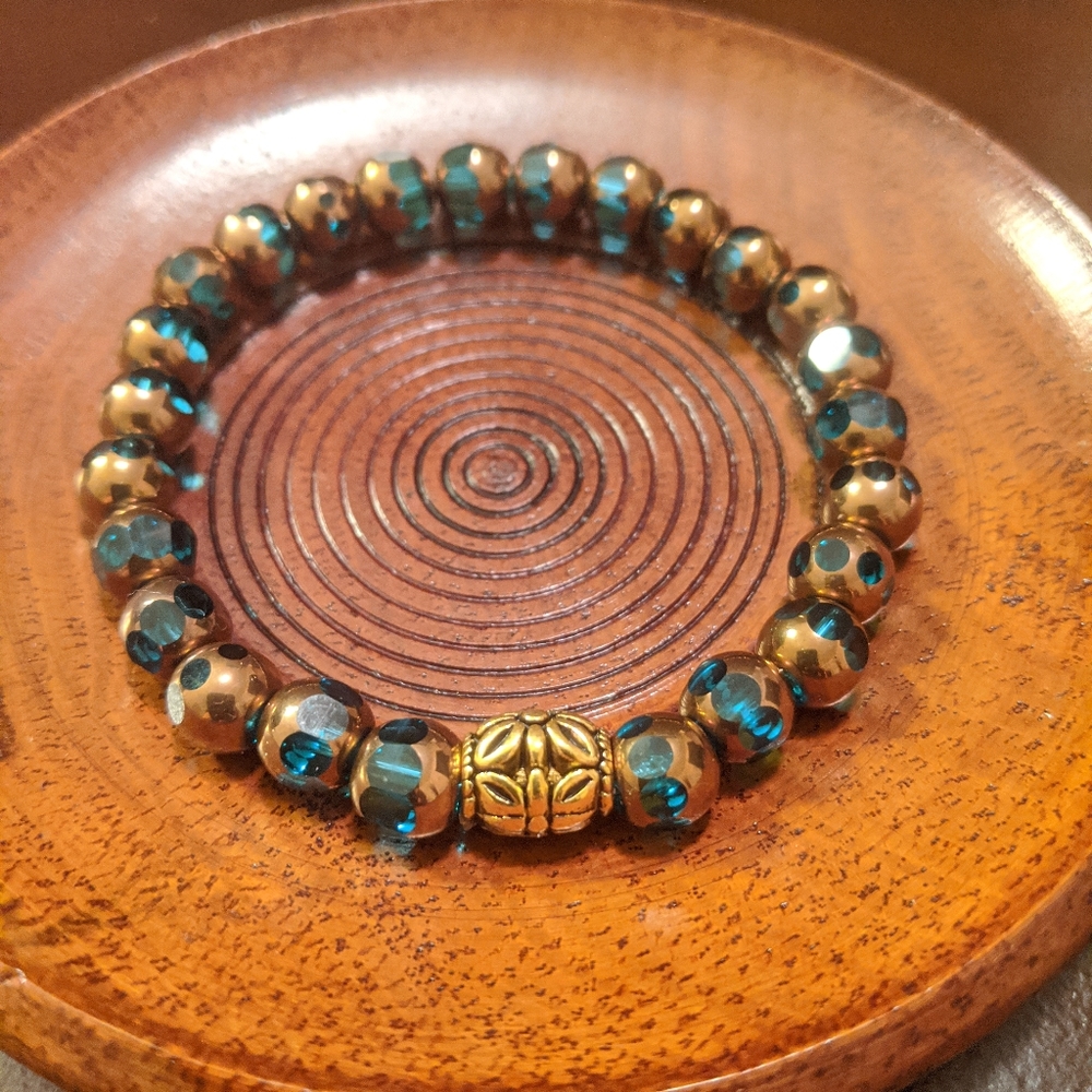 Aqua Green Crystal and Copper Stretch Bracelet